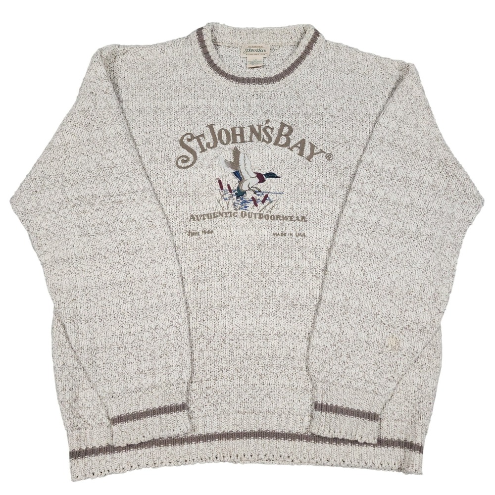Vintage St Johns Bay Knit Sweater Mens L Cream Mallard Duck Hunting Embroidered